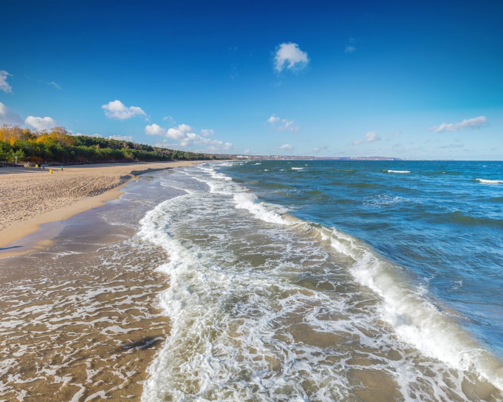 Baltic sea and the Gulf of Danzig coast in Poland. Blue sunny sky.
