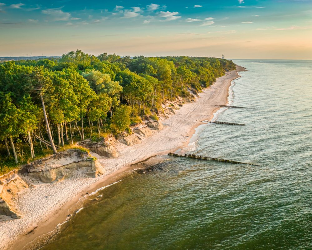 Sunset on Baltic Sea in summer, aerial view of Poland